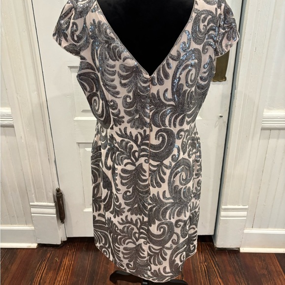 Adrianna Papel Gunmetal Sequin Paisley Pattern Chiffon Shift Dress Sz 14 - Picture 5 of 11